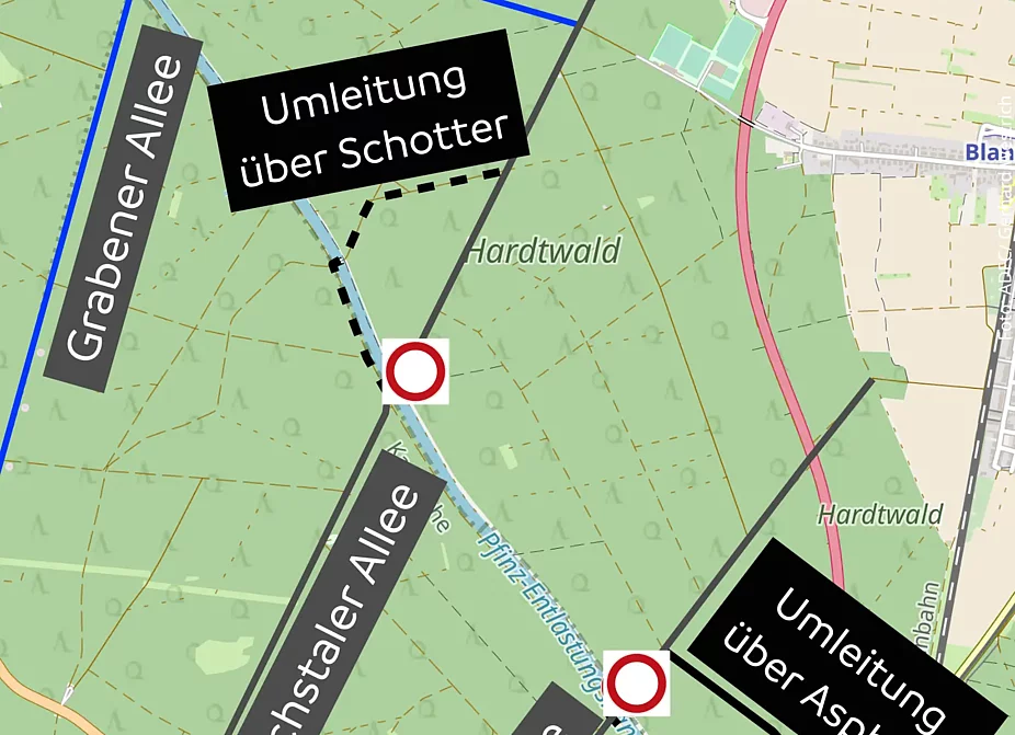 Sperrung der Brücken über den Pfinz-Entlastungskanal Karte mit Sperrungen, Umleitungen (schwarz) und Alternativrouten für Rennradfahrende (grau)